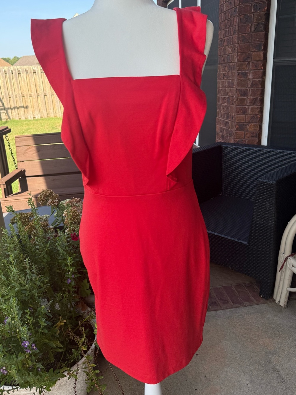 Amanda Uprichard Red Square-Neck Ruffle Shoulder Sheath Dress